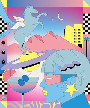 rendy Woman with a Martini Glass and Winged Horse in a Vibrant Cosmic Dreamscape