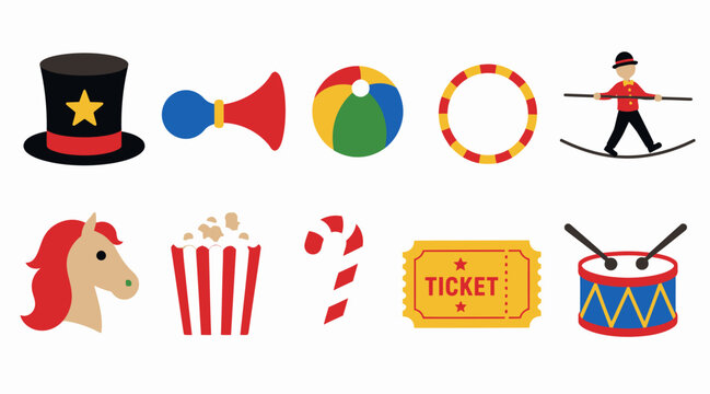 Colorful circus icons on white background.