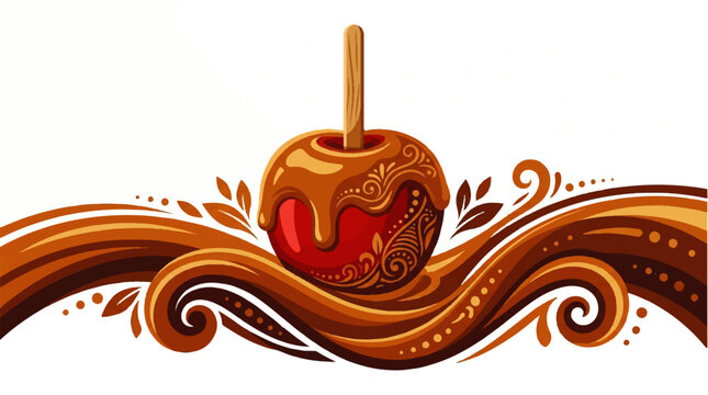 A vibrant caramel apple vector illustration features a delicious dessert with swirly patterns on a decorative stick