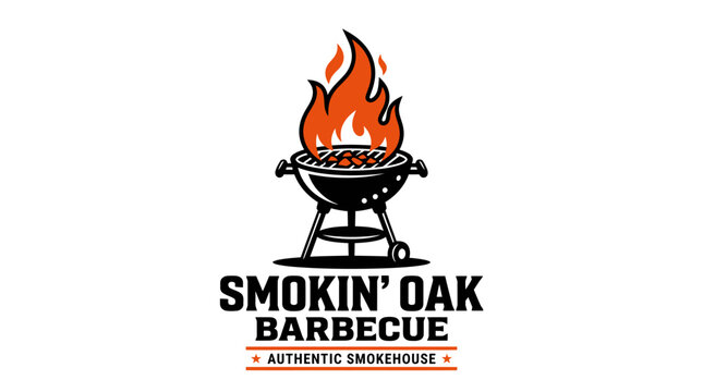 Grilled barbecue logo features smokin oak sign with fire