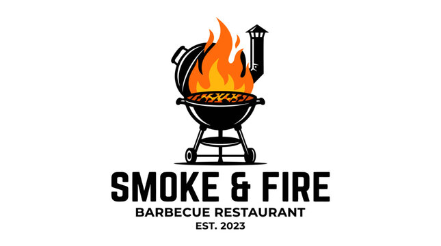 A logo of a barbecue restaurant with a grill on fire and text