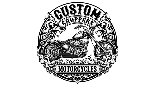 A custom motorcycle chopper is illustrated in a circular logo with ornate designs and text.