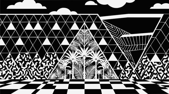 Striking Geometric Pattern and Monochrome Landscape Featuring Palm Trees in an Abstract Surreal Black and White Graphic Illustration