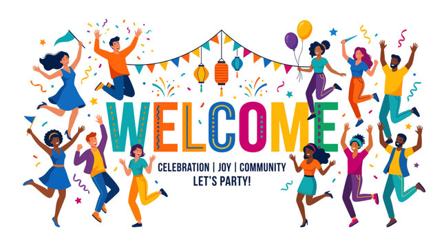 Vibrant community celebration with people joyfully jumping and partying together outdoors