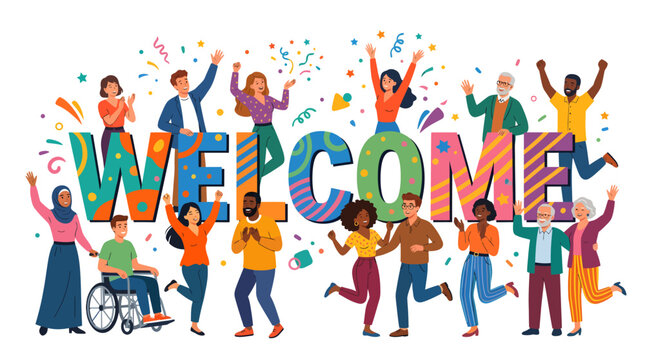 Diverse group of people celebrating with colorful welcome sign