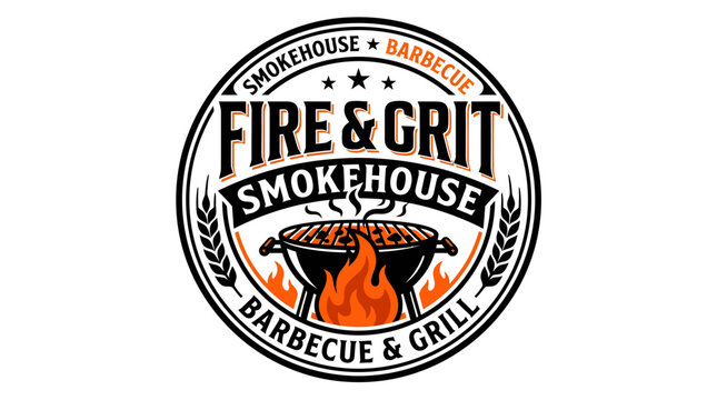 A close-up view of a barbecue grill with flames and a smokehouse sign featuring the words Fire and Grit.