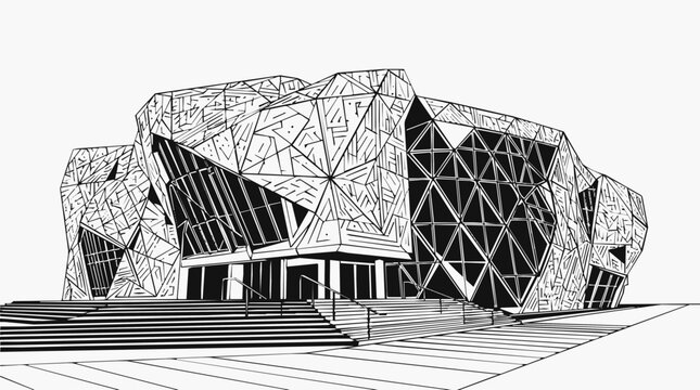 A striking illustration of modern architecture featuring a geometric building with a faceted facade and abstract design in clean black and white