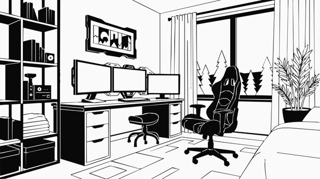 Modern gaming room and home office workspace with a comfortable gaming chair, triple monitor setup, and minimalist desk interior coloring page