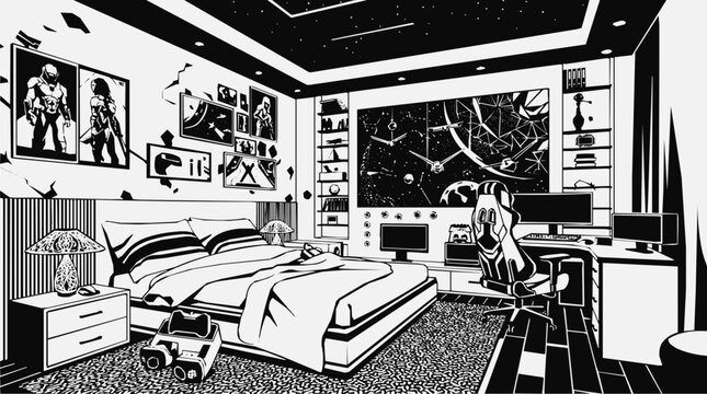 Stylish gaming room bedroom with a pro gamer setup, creative interior design, and dedicated pc gaming station in a black and white vector
