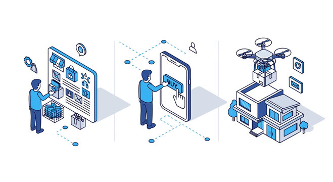 Isometric E-commerce Sales Process from Online Store to Drone Delivery
