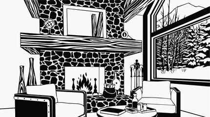 Fototapeta premium A cozy rustic living room interior with a stone fireplace and a scenic winter cabin view overlooking a snowy forest.
