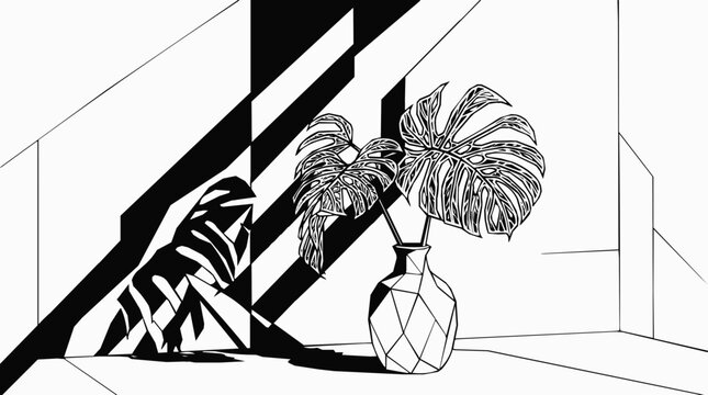 Minimalist modern interior scene featuring monstera leaves in a geometric vase with dramatic window shadow contrast on the wall
