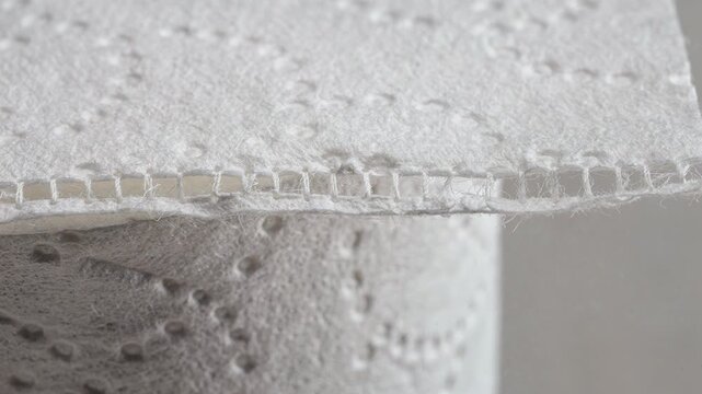 Closeup medium shot of bathroom tissue showing intricate fine perforation blades creating delicate tear lines for easy sheet separation in a soft textured paper roll.