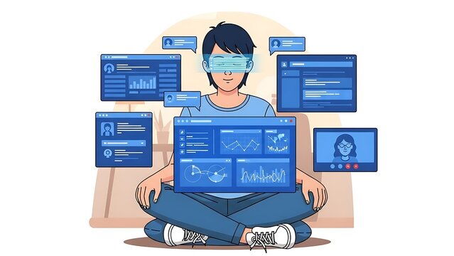 Business professional working on multiple computer screens.
