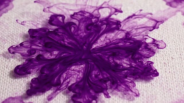 Macro cinematic shot of purple watercolor ink bleeding into water on textured canvas forming delicate floral shapes and patterns