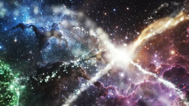Abstract cinematic close up of glowing cosmic echoes and shimmering light ripples moving through a deep dark space nebula