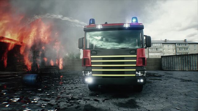 Fire Truck and Firefighters Extinguishing Burning House with Foam. Realistic 4k animation.