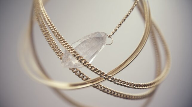 Elegant jewelry with transparent gemstone and gold chains on white backdrop
