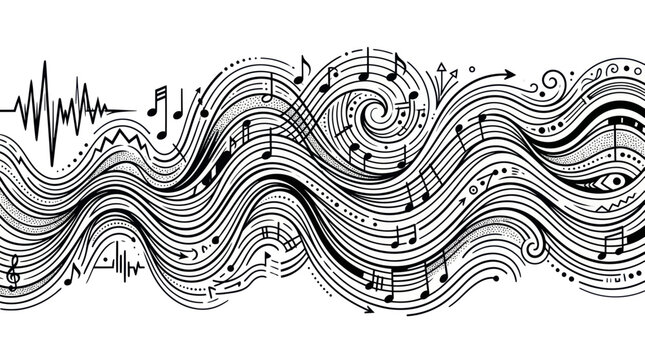 Abstract Musical Notes Wave - Black and White Hand Drawn Illustration