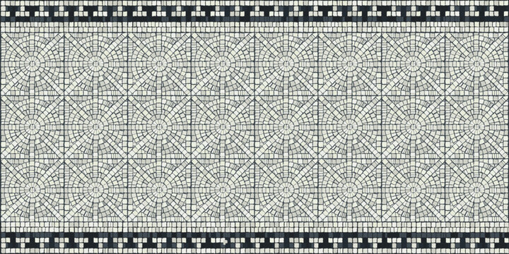 Ancient roman mosaic vector texture banner. Antique stone tile floor background with geometric greek key ornament border and mediterranean ceramic pattern.