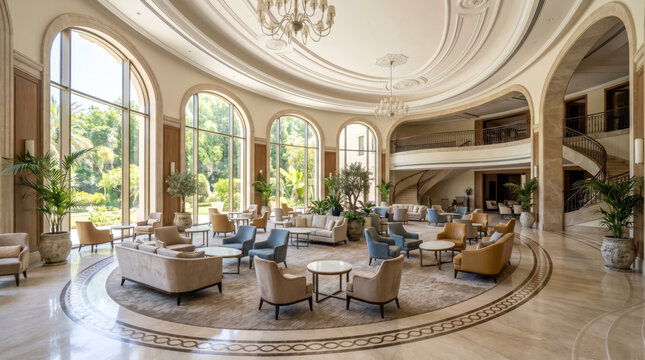 Rounded, oval grand hotel lobby with open concept design, abundant natural light, and lounge seating