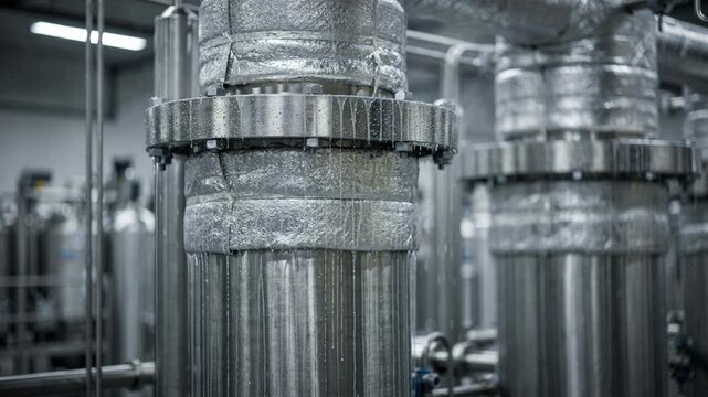 Closeup medium shot of insulated solvent extraction columns with visible condensation on condensers highlighting energyefficient solvent separation in a controlled plant