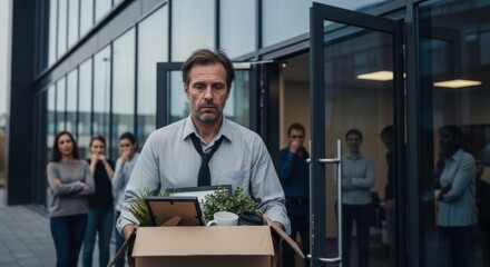 Fototapeta premium Sad fired man with an undone tie holding a cardboard box symbolizing career failure and unemployment.