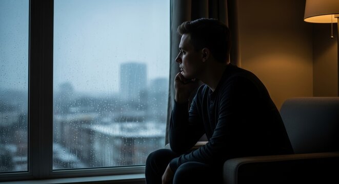 Sad lonely man sitting in a dark room and looking out a window covered with heavy rain drops.
