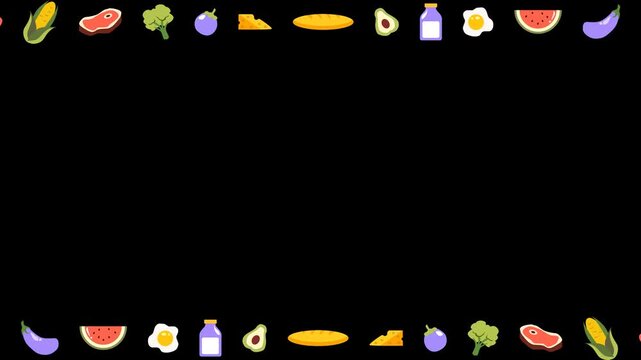 animated vegetables moving right and left at the top and bottom of the transparent background screen.