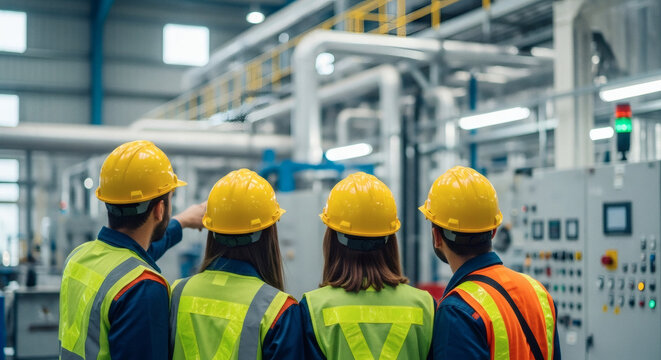 Engineers wearing yellow hard hats and reflective safety vests standing inside a modern factory facility checking industrial machinery equipment control