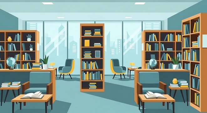 Modern library study room with wooden desks and chairs.