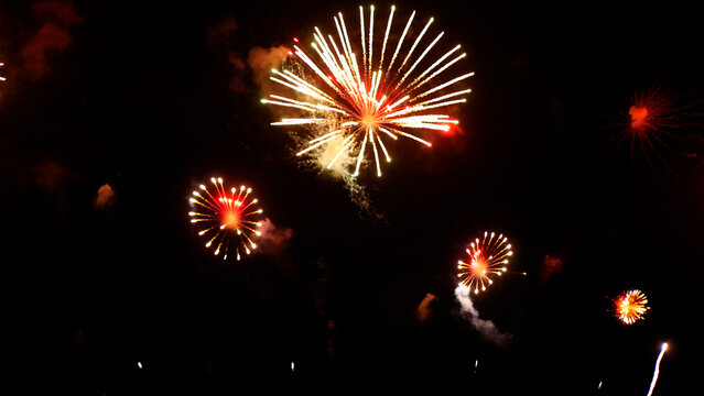 Golden Firework celebrate anniversary happy new year 2026, 4th of july holiday festival. Gold firework night time celebrate national holiday. Happy new year 2026, 4th of july holiday black background