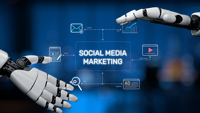 This image showcases robotic hands interacting with icons representing social media marketing, illustrating the fusion of technology and modern advertising strategies. Synapse