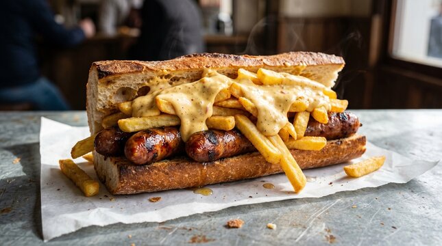 Classic Belgian Mitraillette Sandwich with Fries and Sauce