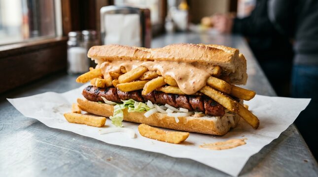 Classic Belgian Mitraillette Sandwich with Fries and Sauce