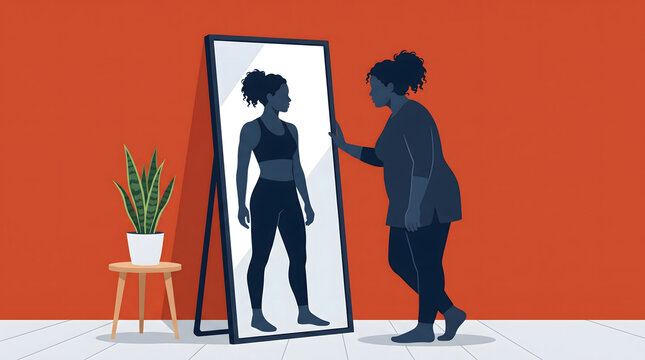 woman looking in mirror sees fit reflection body image concept