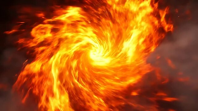 Swirling fire vortex creating intense heat and light. Lockdown shot of rotating orange and yellow flames.