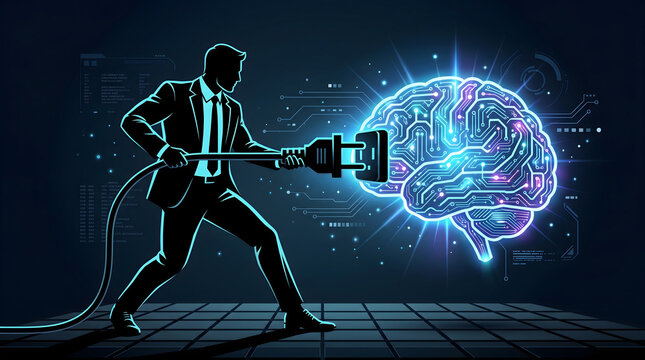businessman plugging in digital brain technology concept