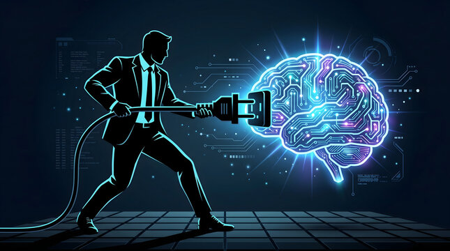 man plugging cable into glowing digital brain
