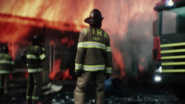 Firefighter Standing in Front of Burning House Surrounded by Flames and Fire Trucks. Realistic 4k animation.