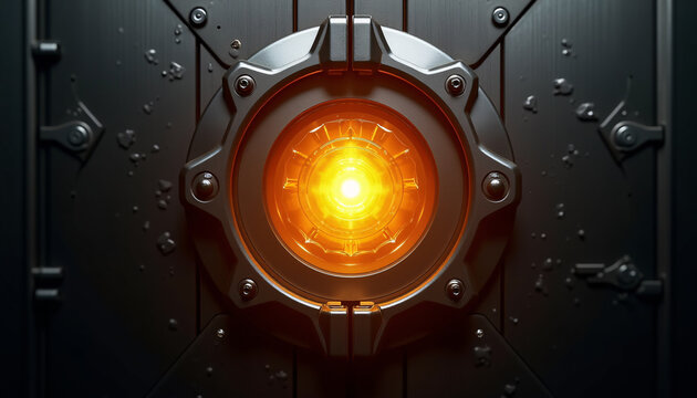 Abstract macro of matte titanium armor plates interlocking to protect a glowing core.