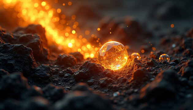 Abstract macro of dark raw carbon dynamically crystallizing into flawless diamonds under golden light.