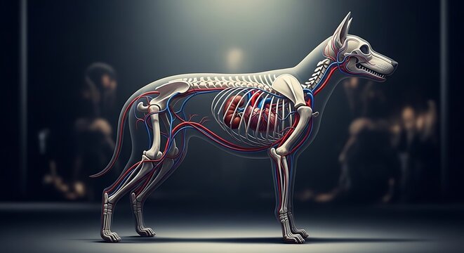 Anatomical model of a dog showing skeleton and internal organs