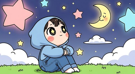 Naklejka premium Cartoon boy sitting on moon with stars and crescent.