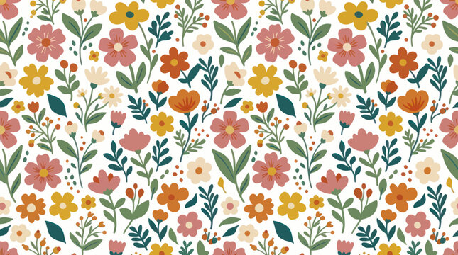 Seamless Floral Pattern: Vintage Flowers and Leaves, Spring Textile Design