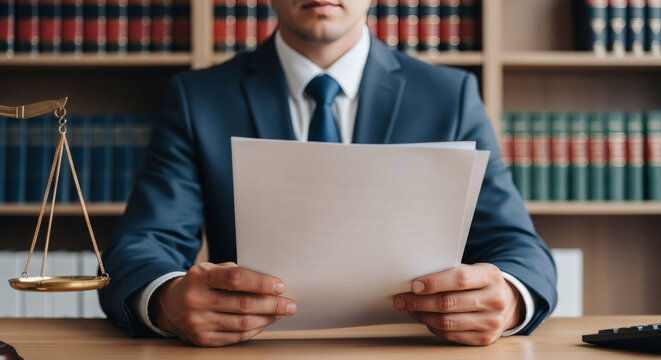 Lawyer holding legal documents in a professional office with a gold balance scale on a wooden desk background setting