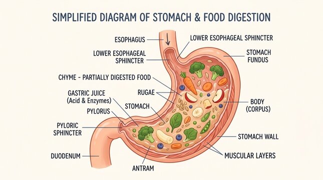 Educational infographic diagram showing the human stomach and food digestion process