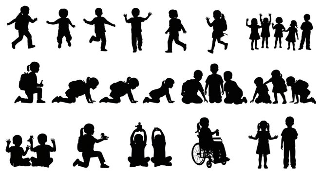 Black Silhouette Collection of Children in Diverse Activities for CAD Design Projects and Educational Visual Illustrations