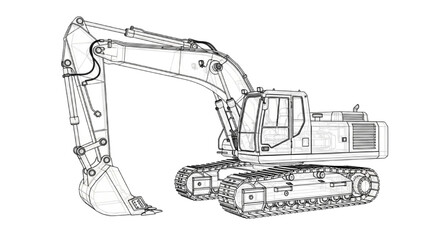 Detailed CAD wireframe 3D model illustration of a hydraulic crawler excavator for industrial construction and earthmoving © Rishi