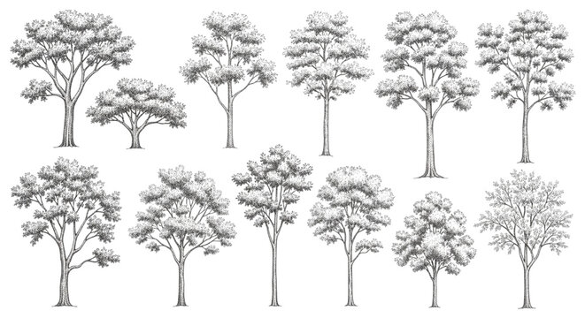 Hand-drawn tree sketches and botanical illustration set for architectural landscape design and CAD site planning software projects